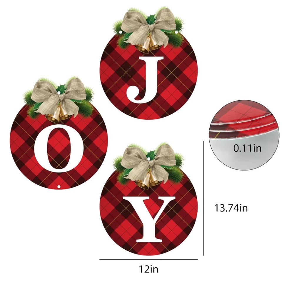 Buffalo Plaid 3pcs Rustic Christmas Decor Joy Signs, Indoor Outdoor - Picture 2 of 4